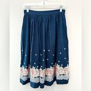 COMME TOI | Navy Polka Dot Cottagecore Floral Romantic Midi Skirt | Medium